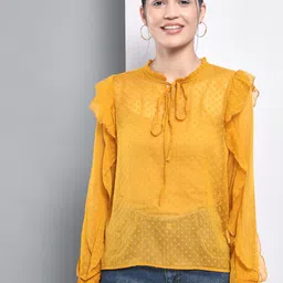 Trend Arrest Self Design Tie-Up Neck Dobby Ruffled Chiffon Top-37