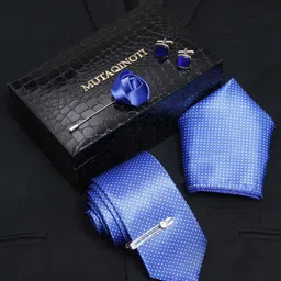 MUTAQINOTI Men Polka Dot Blue Silk Blend Necktie Accessory Gift Set-image-22