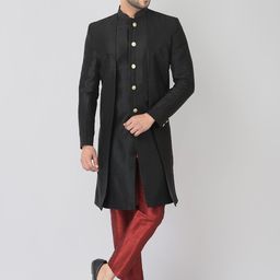 DEYANN Men Black & Red Solid Sherwani Set-image-80