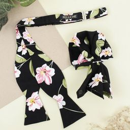 Peluche Men Black Floral Affair Open Bow Tie & Pocket Square Set-image-42