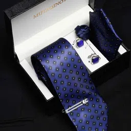 MUTAQINOTI Men Checks Highlighted Blue Silk Blend Necktie Accessory Gift Set-image-59