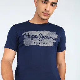 Men Graphic Print Round Neck Pure Cotton Blue T-Shirt-image-40