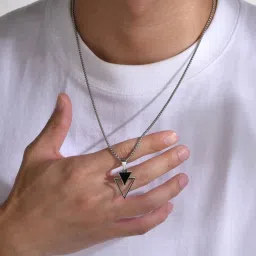 Geometric Traingle Silver Pendant with chain Silver Alloy, Stainless Steel Pendant Set-17