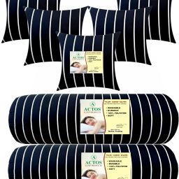 5 Cushion And 2 Microfibre Stripes Bolster Pack of 7-image-98