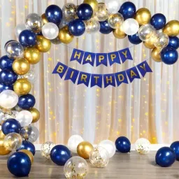 Blue White and Golden Birthday Decoration Kit Combo with Net Curtain and light.-image-41