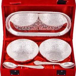 Silver Plated 2 Flower Bowl With Spoon With Tray Brass Decorative Platter-image-66