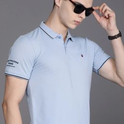 Men Printed Polo Neck Pure Cotton Light Blue T-Shirt-image-4