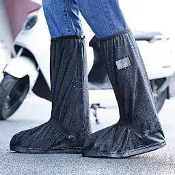 Waterproof Shoe Covers Zip-up Calf Length Elastic Ankle Strap Anti-skid PVC Plastic Jet Black High Ankle Shoe Cover-14