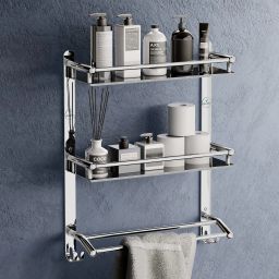 Multi-use Rack/Bathroom Shelf/Kitchen/Wall Shelf(Number of Shelves-2,Silver) silver Towel Holder-2
