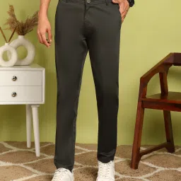 Men Slim Fit Dark Green Cotton Blend Trousers-image-3
