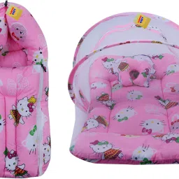 New Born Baby Cat Print Mattress with Mosquito Net & Sleeping Bag Combo (0-6 Months) Baby Bed Printed Pink-image-20