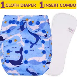 A Plus Printed Cloth Diapers for Babies, Washable Reusable, Adjustable Sizes with 4 Layer Dry Feel Insert (Whale Doodle)-0