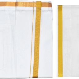 TUNI MANI White 3/4" Gold Zari Border Pocket Dhoti with Angavastram Solid Men Dhoti-image-50