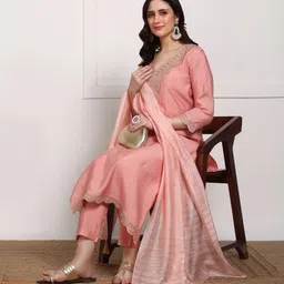 new ethnic 4 you Women Pure Silk Kurti Pant Dupatta Set-picture-5