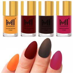 MI FASHION Set of Velvet Matte Nail Polish 9.9 ml Each -Saffron Orange 01 - Red 08 - Dark Brown 09 - Pink 24-4