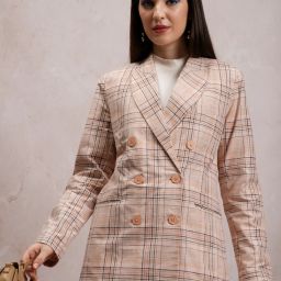 Women Checkered Double Breasted Casual Blazer-image-48