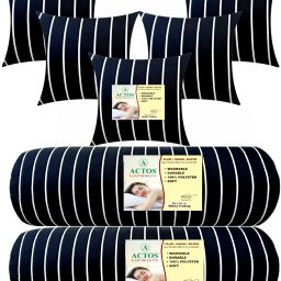 5 Cushion And 2 Microfibre Stripes Bolster Pack of 7-image-86