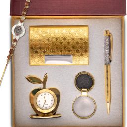 Bracelet Golden Rakhee Gift Set with Clock, Crystal Pen, Business Card Holder, Keychain Mauli Thread Rakhi Set-26