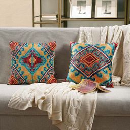 SWAYAM Beige & Blue Set of 2 Ethnic Motifs Velvet Square Cushion Covers-21
