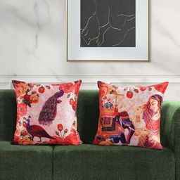 SWAYAM Brown & Peach-Coloured Set of 2 Ethnic Motifs Square Cushion Covers-19