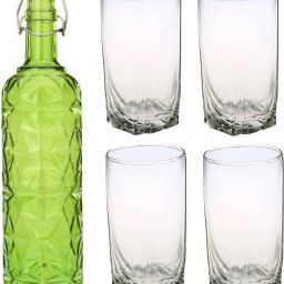 Bottle & 4 Glass Serving Lemon Set, Green, Clear, Glass - A295 Jug Glass Set-image-21