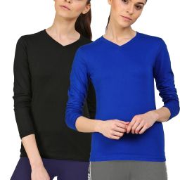 Pack of 2 Women Solid V Neck Cotton Blend Blue, Black T-Shirt-image-105