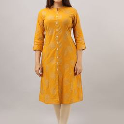 HERE&NOW Mustard Yellow Ethnic Motifs Printed A-Line Kurta-10
