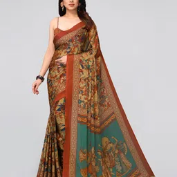 KALINI Orange And Mustard Yellow Ethnic Motifs Print Poly Chiffon Saree-4