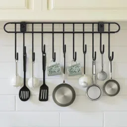 Utensil Kitchen Rack Kitchen utensil hanger for Wall 11 Hooks, Wall Mounted Hook Rail Carbon Steel-image-47