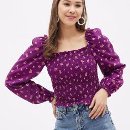 Casual Puff Sleeves Floral Print Women Purple Top-image-4
