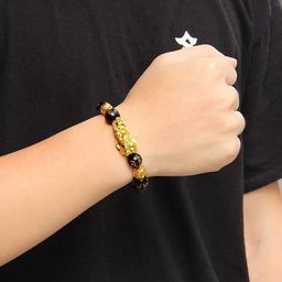 quilbool Attract Abundance and Fortune: Black Obsidian Pixiu Dragon Bracelet with Double Gold-Plated Pi Xiu for Men & Women(BLACK) image 4