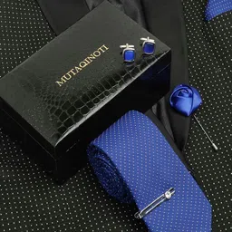 MUTAQINOTI Men Bright Blue Silk Necktie Accessory Gift Set-image-46