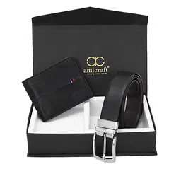 amicraft Men Black Solid Vegan Leather Accessory Gift Set-image-45