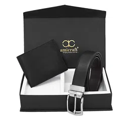 amicraft Men Black Wallet & Belt Vegan Leather Accessory Gift Set-image-53