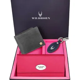 WildHorn Unisex Pink & Black Solid Premium Leather Accessory Gift Set-image-90