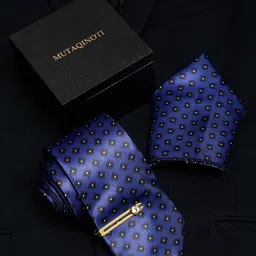 MUTAQINOTI Set Of 3 Checks Highlighted Blue Silk Blend Necktie Accessory Gift Set-image-105