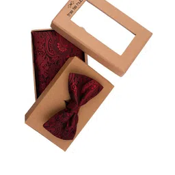 The Tie Hub Men Maroon Printed Bow Tie and Pocket Square Gift Set-44