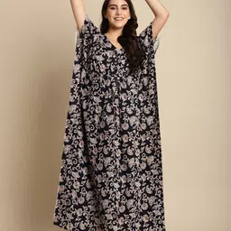 Secret Wish Ethnic Motifs Printed V-Neck Pure Cotton Maxi Kaftan Nightdress-picture-24