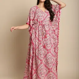 Secret Wish Ethnic Motifs Printed V-Neck Maxi Kaftan Nightdress-image-67