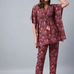 StyleStone Women Maroon & Beige Floral Printed Kaftan Night suit-picture-31