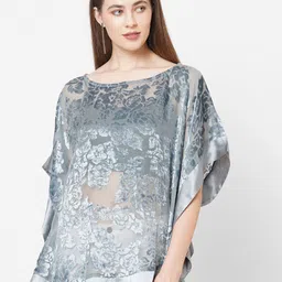 Cloth Haus India Grey Floral Printed Velvet Kaftan Top-image-46