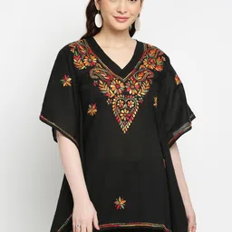 Indiankala4u Women Black Floral Embroidered Pure Cotton Kaftan Top-55