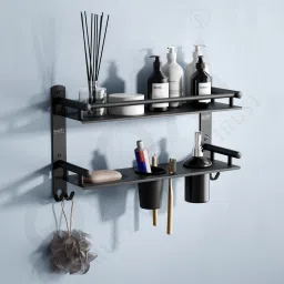 Black Matte Finish 6 in1 Multipurpose 2 Layer Bathroom Shelf, Racks Shelves 15 inch 2 Bar Towel Rod-3