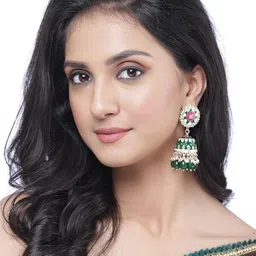 ZENEME Gold-Plated Dome Shaped Kundan Jhumkas image 5