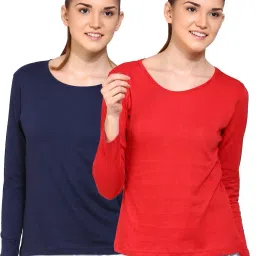 Pack of 2 Women Solid Round Neck Pure Cotton Dark Blue, Red T-Shirt-image-87