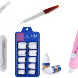 Artificial Gold Finger Empress Tips Fake Nails With 2 Glue Bottle with Nail Filer And Plucker + Blackhead 4 Pins Different With Portable Mini Hair Straightner-5