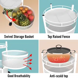kuber industries 3-Tier Rotating Multipurpose Storage Rack Trolley with Wheels | White Iron Fruit & Vegetable Basket image 5