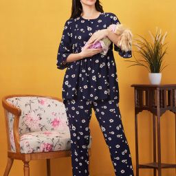Women Top & Pyjama Set Blue Printed-image-0