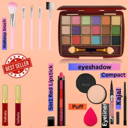 All-in-One Makeup Combo Kit with Eyeshadow, 5in1 Lipstick, Brushes, Kajal-64