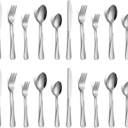 Sterling Silver Silverware Set | 20-Pcs Flatware With Unique Checks Print Handle Stainless Steel Cutlery Set-image-26